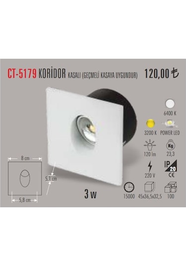 Cata Ct-5179 3 Watt Led Li Koridor Aydınlatma Kasalı