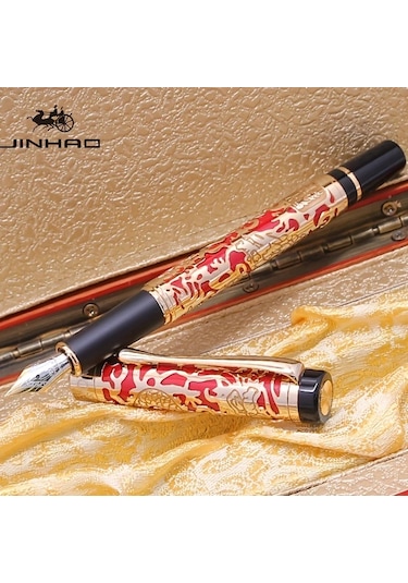 Oldfriend Jinhao 5000 Vintage Sarı Oyma Ejderha Lüks Dolma Kalem İnce Uç Hediye Sarı Oyma