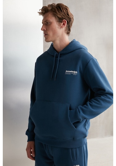 Grimelange Martel Erkek Yumuşacık Içi Polarlı Baskılı Regular Kordonlu Mavi Sweatshirt