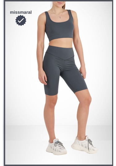 Kadın Yüksek Bel Toparlayıcı Tayt Kısa Spor Şort Deniz Havuz Spor Biker Shorts Antrasit 1070 Antrasit