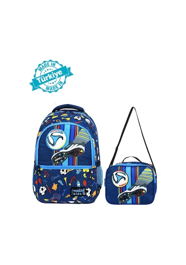 Waddell Lisanslı Futbol Deri Nakış Desenli Erkek Çocuk İlkokul Sırt Çantası Ve Beslenme Çantası