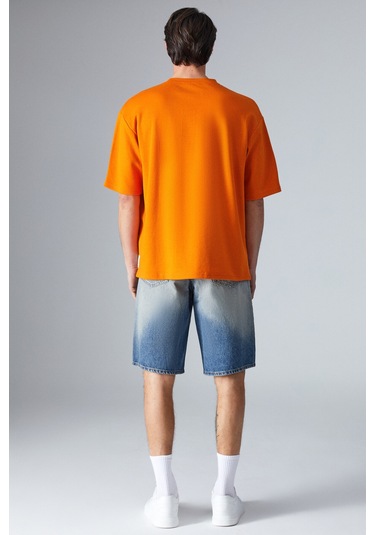 JOEL Erkek %100 Organik Pamuklu Kalın Kumaşlı Özel Dokulu Etiket Detaylı Oversize Turuncu T-Shirt