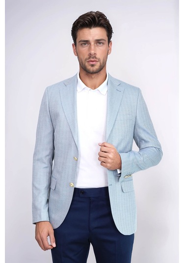 Açık Mavi Balıksırtı Desenli Gold Renk Metal Düğmeli Slim Fit Erkek Blazer Ceket - Wessi Navy Blue