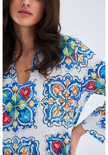 Peraluna RIA CAFTAN Çini Desenli Derin Yırtmaçlı Saten Kadın Kaft Çok Renkli