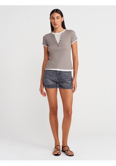 Dilvin 31783 Çift Katlı Düğmeli T-shirt-gri Gri