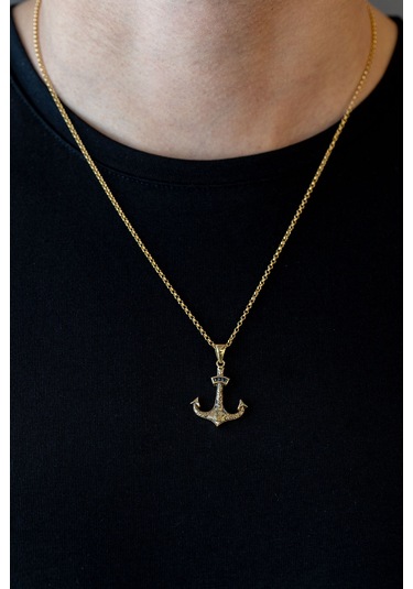 14 Ayar Altın El Yapımı Taşlı Tasarım Çapa Kolye