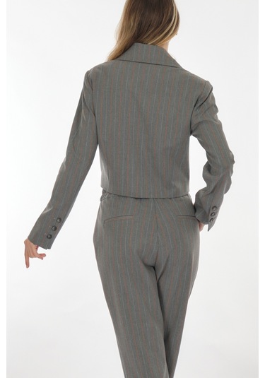 Perspective Kruvaze Yaka Çizgili Gri-turuncu Kadın Ceket 24061168 001