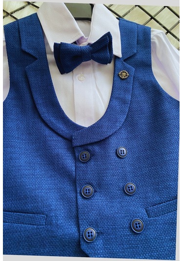 Katlama Detay Yelekli Rozetli Çocuk Takım Elbise Sax Saks Mavi