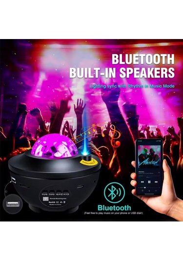 Bluetoothlu Hoparlörlü Müzikli Projektörlü Led Işık Yansıtmalı Çocuk Bebek Odası Gece Lambası Siyah