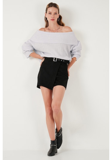 Lela Oversize Fit Madonna Yaka Triko Bayan Kazak 4615216 Açık Gri