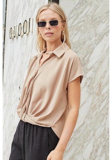 Likrasız Şık Kumaş Yakalı Düşük Omuzlu Önü Pileli Gömlek-vizon Vizon