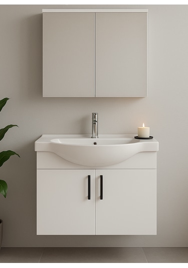 Nova 80 Cm Mdf Beyaz, Oval Seramik Lavabo, Banyo Dolabı Beyaz