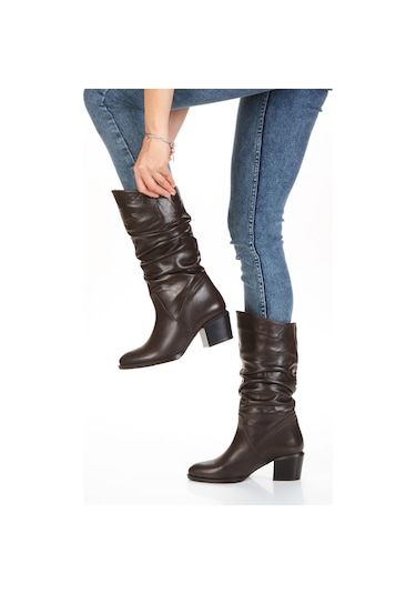 Hakiki Deri İçi Tay Tüyü Astarlı Büzgülü Körüklü Kahverengi Çizme Kahverengi