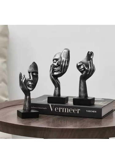 Antik Tarz Siyah Gümüş Soyut El Yüz Biblo Heykel Dekoratif Obje S