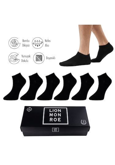 Lion Monroe Saf Bambu Erkek Patik Düz Kısa Siyah Çorap Dikişsiz Premium Kutulu 6'lı L5952aznp Softaura