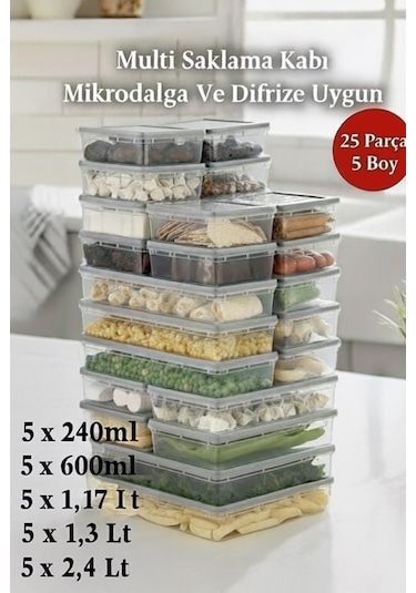 25 Parça 5 Boy Multi Saklama Kabı Seti Difrize Ve Microdalgaya Uygun Şeffaf