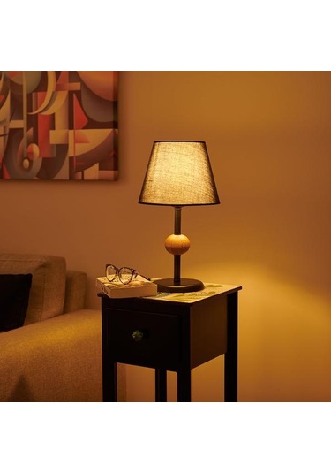 Safir Light Ahşap Detaylı Metal Abajur - Siyah - 43x25x25 Cm Siyah