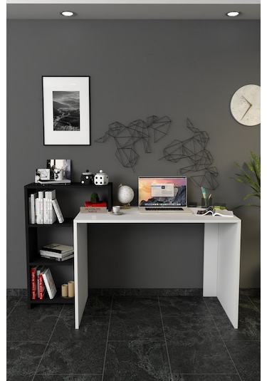 Moonlife Ahsen Kitaplıklı Çalışma Masası Beyaz Siyah Beyaz