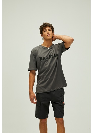 Bad Bear Title Oversize T-shirt Koyu Gri Baskılı Erkek Tişört-asfalt Koyu Gri