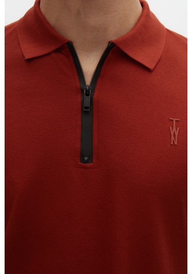 Twn Slim Fit Kiremit Pike Dokulu Yarım Fermuarlı Polo Yaka T-shirt 4ec14ortfrplo KIREMIT
