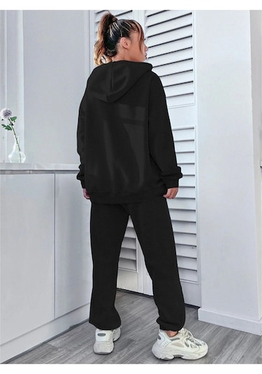 Carlson Eşofman Takımı Sweatshirt Jogger - Siyah Baskılı Oversize Şardonlu Kapüşonlu Siyah