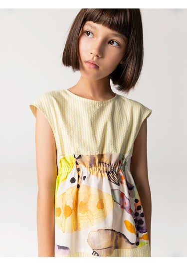 Sheshe Kısa Kollu Pamuklu Sarı Kız Çocuk Elbise Renkli