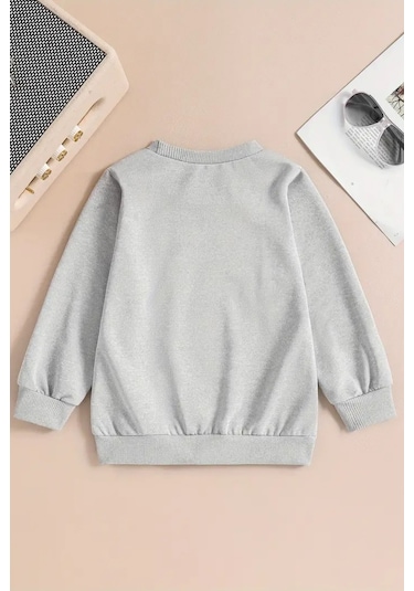 Unisex Sky Watcher Baskılı Gri Bisiklet Yaka Sweatshirt-kışlık Şardonlu Kumaş Gri