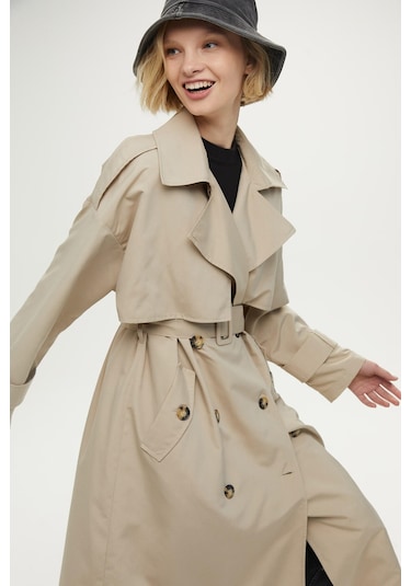 Manuka Düğmeli Kruvaze Trençkot Bej