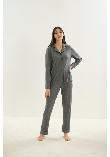 Kadın Uzun Kol Triko Önden Düğmeli Gri Melanj Pijama Takım C1t8n9o51 001