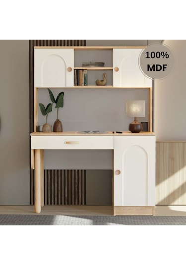 Papatya Mdf Kitaplıklı Dolaplı Çalışma Masası Krem