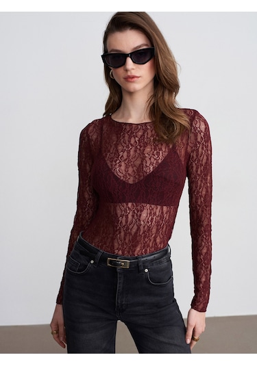 Dilvin 32764 Kayık Yaka Dantel Top-bordo
