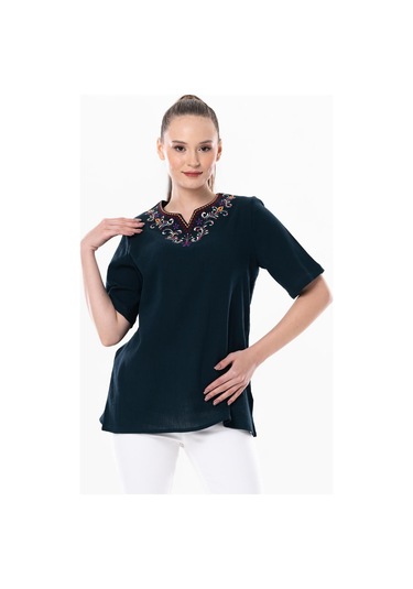 Kısa Kol Şile Bezi Gökkuşağı Nakış Detaylı Yazlık Bluz Petrol Ptrl-petrol