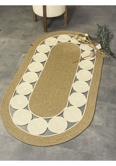 Cookie Jüt Hasırlı El Örgüsü Kilim Krem - Bej