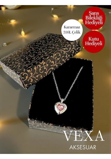 Amora Kalp Model Taşlı Kararmaz 316l İthal Çelik Kolye - Kutu Ve Şans Bilekliği Hediye Pembe