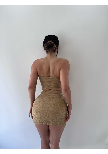 Bej Dantel Strablez Tokalı Etekli İkili Takım Bej