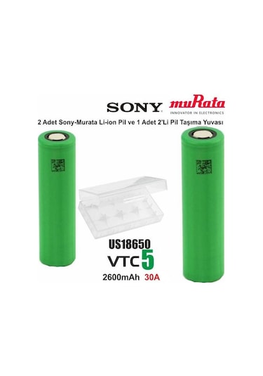 Sony VTC5 18650 3.7V 2600 mAh 30A Li-ion Şarj Edilebilir Pil 2'li + Pil Taşıma Kutusu
