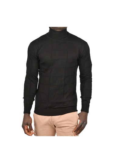 Deepsea Erkek Siyah Kare Desenli Balıkçı Yaka Slim Fit Boğazlı Triko Kazak 2505493 Siyah