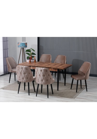 Elor Ahşap Desen 80x132 Açılabilir Mdf Masa Yemek Odası Takımı Mutfak Takımı 6 Sandalyeli Kahverengi
