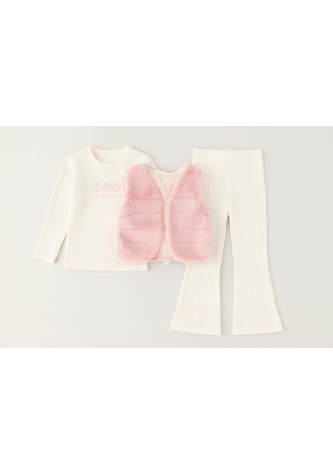 Kız Çocuk Pembe Renk Peluş Yelekli 3 Parça Alt Üt Takım Toz Pembe