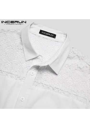 Incerun Erkek Dantel Patchwork T-shirt Yaz Kısa Kollu Düğmeler Aşağı Transparan Üstler Örgü Gömlek Erkek Giyim Beyaz