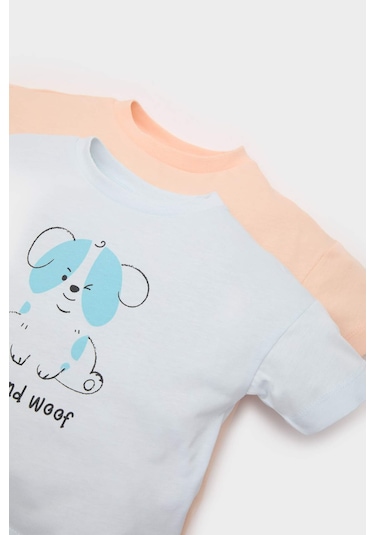 DeFacto Erkek Bebek Yenidoğan Bisiklet Yaka Baskılı Penye 2'li Kısa Kollu Tişört E8232A525SMBE362