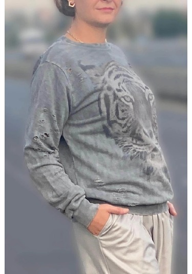 Kadın Gri Kaplan Desenli Sweat Gri