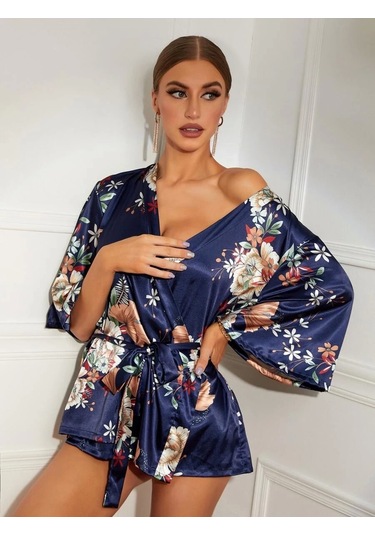 Çiçek Desenli Sabahlık 8330 Mavi