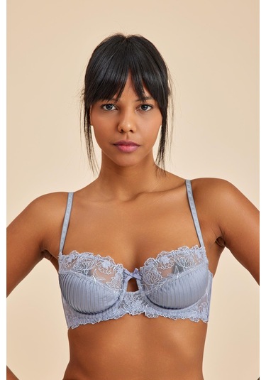 Paris Gri Mavi Balenli Dantelli Dolgusuz Toparlayıcı Balkonet Sütyen Mavi