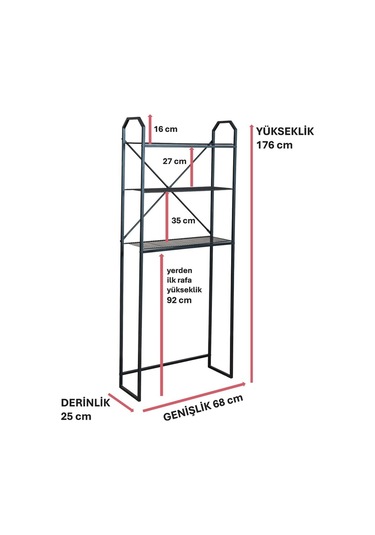 Metal 3 Raflı Banyo Rafı Çamaşır Makinesi Üstü Dekoratif Raf Siyah