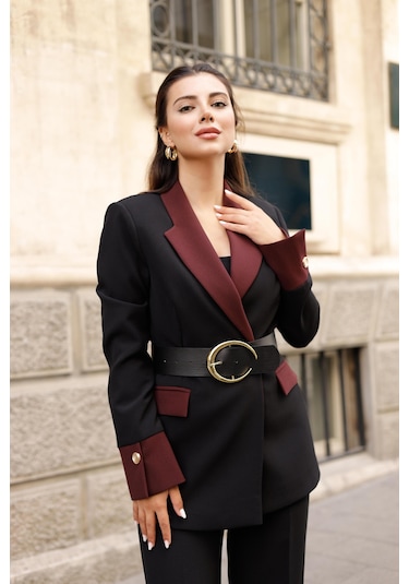 Gold Kemerli Garnili Kruvaze Takım Siyah Siyah