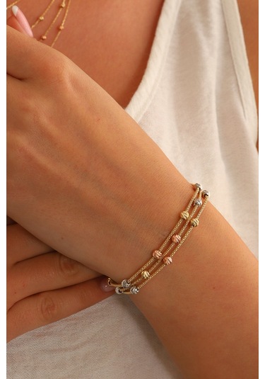 Moom Mücevherat 14 Ayar Altın Dorika Toplu Altın Bileklik Popcorn Renkli Toplar Üç Sıra Çok Renkli