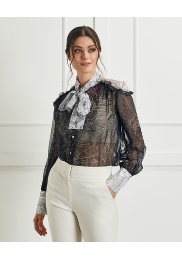 Fular Yaka Detaylı Transparan Desenli Gömlek Feminen Ve Şık Tasarım Siyah