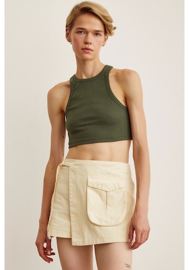 Never More Kemer Detaylı Şort Etek Krem