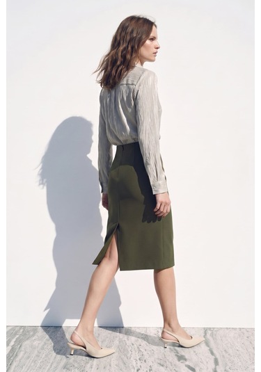 Sateen Düz Kalem Etek - Haki-137387